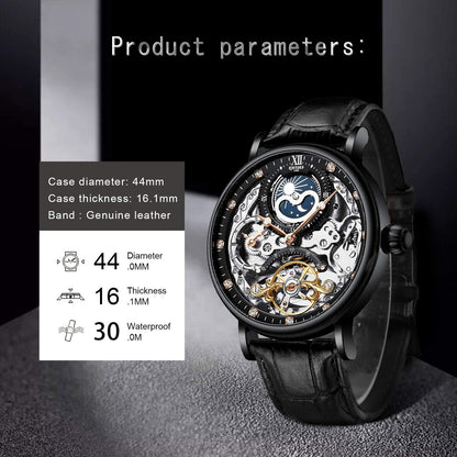 HOTIK COLOURING Bestn Mens Luxury Skeleton Automatic Mechanical Wrist Watches Leather Moon Phrase Luminous Hands Self-Wind Watch