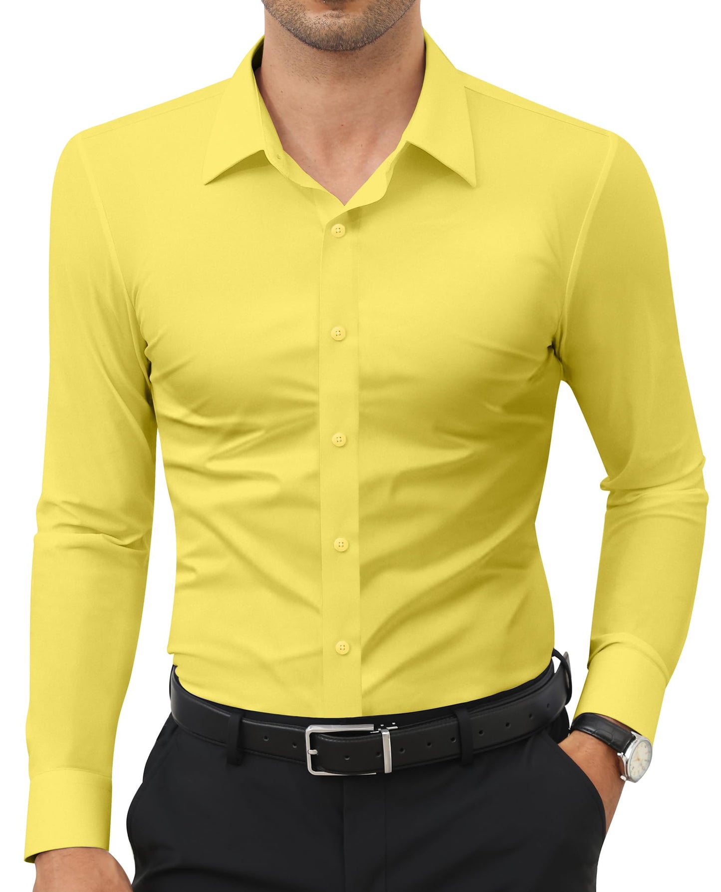 HOTLion Nardo Stretch Mens Dress Shirts Long Sleeve Slim Fit Dress Shirts for Men Muscle Fit Wrinkle Free Button Down Shirt