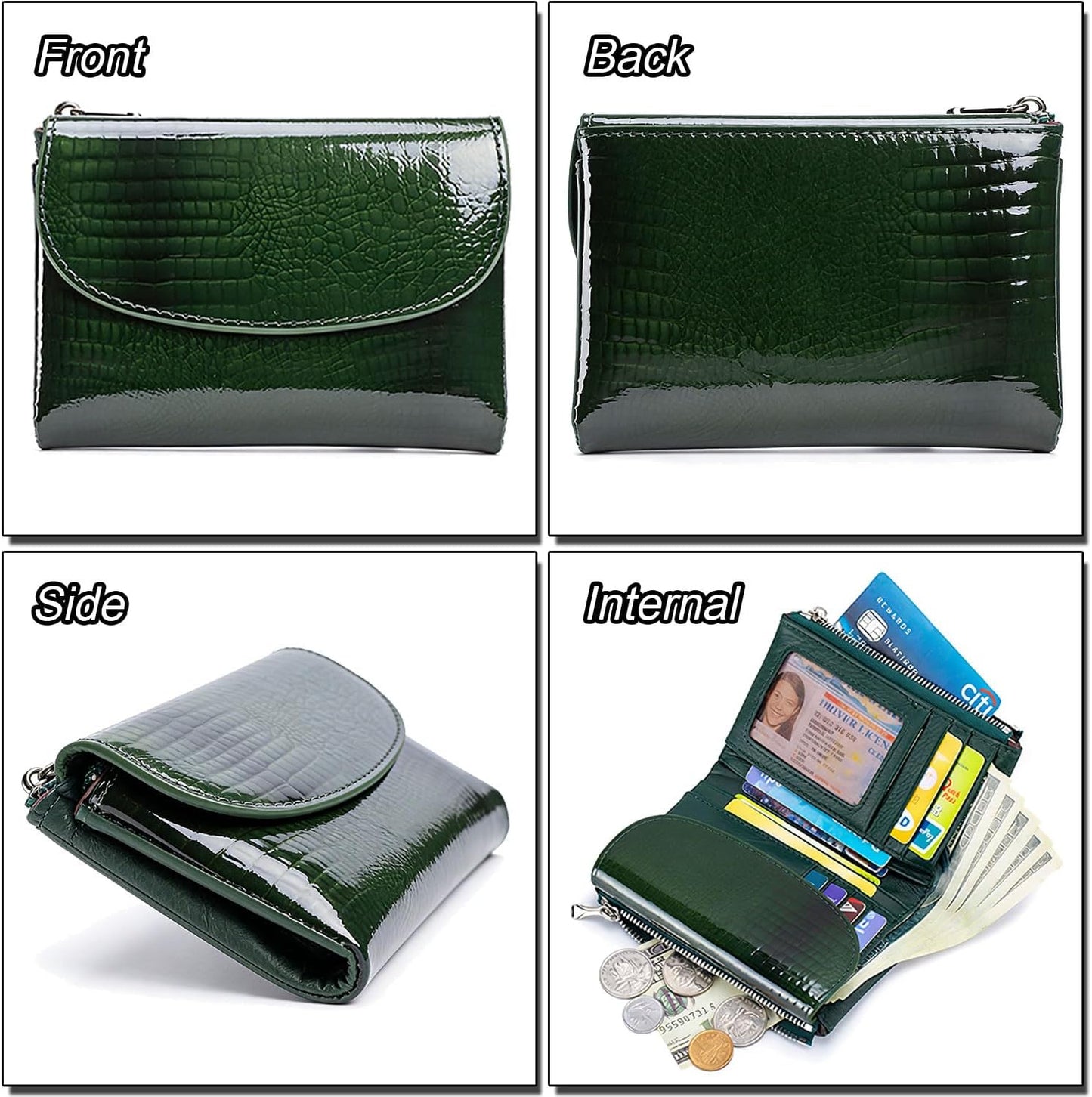 HOTWomen's Crocodile Embossed Patent Leather Wallet, RFID Blocking Card Holder, Ladies Small Trifold Wallet, Compact Purse with 10 Card Slots/ID Window/Zipper Coin Pocket - Green