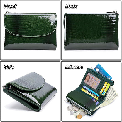 HOTWomen's Crocodile Embossed Patent Leather Wallet, RFID Blocking Card Holder, Ladies Small Trifold Wallet, Compact Purse with 10 Card Slots/ID Window/Zipper Coin Pocket - Green
