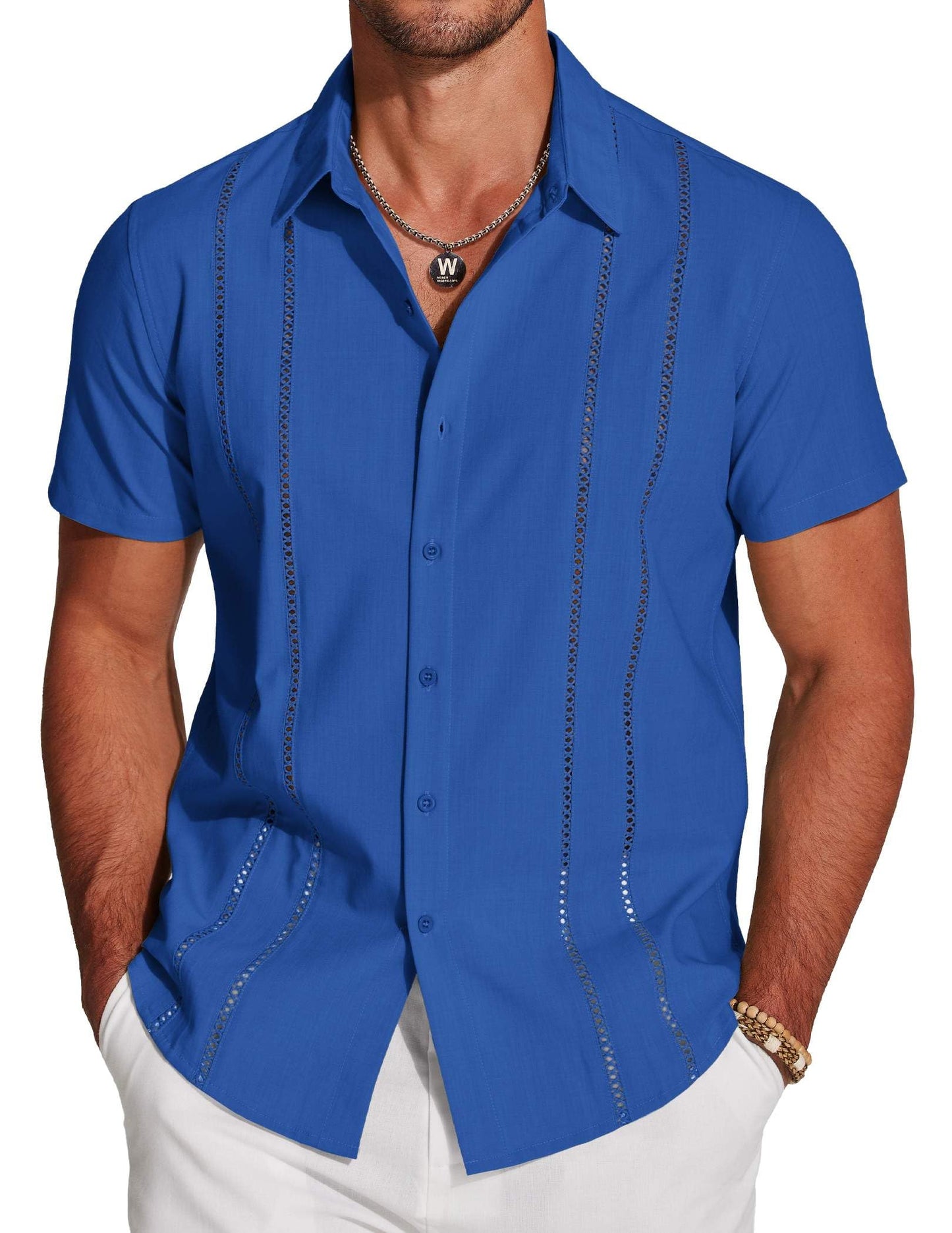 HOTCOOFANDY Men's Cuban Guayabera Shirt Short Sleeve Button Down Shirts Casual Summer Beach Linen Shirts