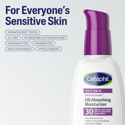 HOTCetaphil DermaControl Oil Absorbing Moisturizer with SPF 30, For Sensitive, Oily Skin, 4 Fl oz, Absorbs Oil, Reduces Shine, Hydrates, Protects, No Added Fragrance | Fragrance-Free Daily Face Moisturizer With Sunscreen, Reduces Shine, Hydrates Sensitive