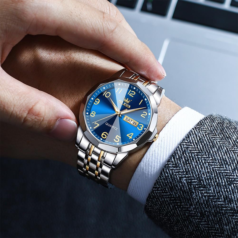 HOTOLEVS Men's Casual Stainless Steel Watch, Big Face Easy to Read Analog Quartz Watch with Day and Date, Classic Waterproof Diamond Roman Arabic Numeral Dial Dress Watch for Men, Gold Silver Black Band