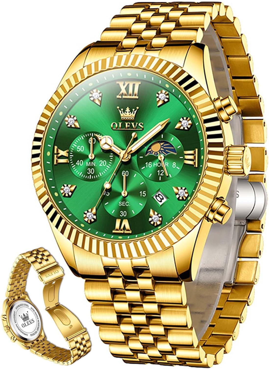 HOTOLEVS Gold Watches for Men Luxury Dress Green Big Face Stainless Steel Analog Quartz Mens Watch Wrist Waterproof Fashion Chronograph Moon Phase Luminous Mens Watches Relojes para Hombres