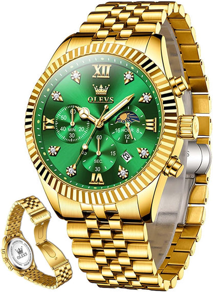 HOTOLEVS Gold Watches for Men Luxury Dress Green Big Face Stainless Steel Analog Quartz Mens Watch Wrist Waterproof Fashion Chronograph Moon Phase Luminous Mens Watches Relojes para Hombres