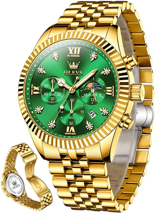 HOTOLEVS Gold Watches for Men Luxury Dress Green Big Face Stainless Steel Analog Quartz Mens Watch Wrist Waterproof Fashion Chronograph Moon Phase Luminous Mens Watches Relojes para Hombres