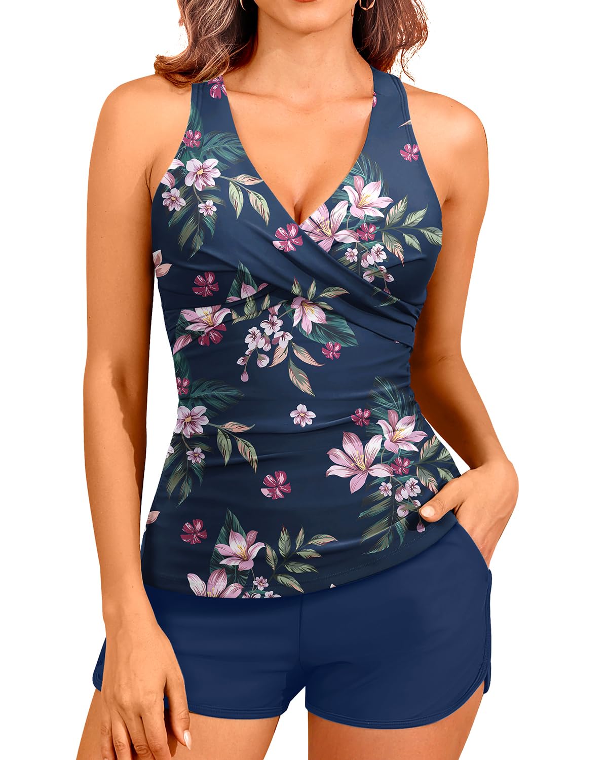HOTWomen Tankini Swimsuits with Shorts Two Piece Tummy Control Bathing Suits | Two Pockets,Tummy Control,Built-in Brief,Quick Dry,Removable Cups,High Waisted Short