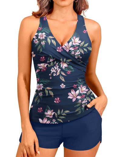 HOTWomen Tankini Swimsuits with Shorts Two Piece Tummy Control Bathing Suits | Two Pockets,Tummy Control,Built-in Brief,Quick Dry,Removable Cups,High Waisted Short