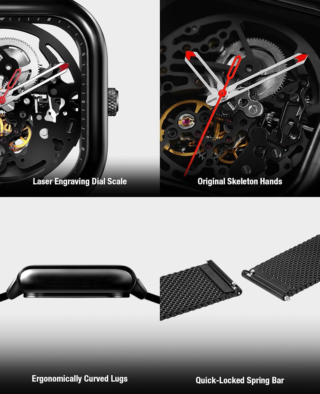 HOTCIGA Design Automatic Mechanical Watch C Series Skeleton Analog Wrist Watch with Milanese Strap Sapphire Crystal Mirror Gifts for Men and Women