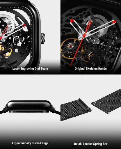 HOTCIGA Design Automatic Mechanical Watch C Series Skeleton Analog Wrist Watch with Milanese Strap Sapphire Crystal Mirror Gifts for Men and Women