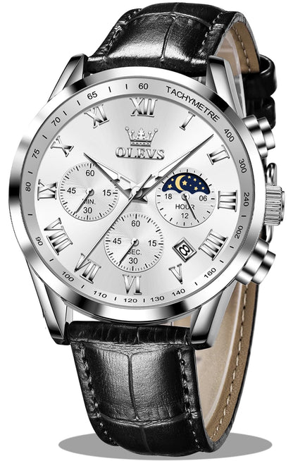HOTOLEVS Men's Leather Analog Quartz Watch - Luxury Chronograph Wristwatch with Date, Waterproof, Luminous - Dress Style
