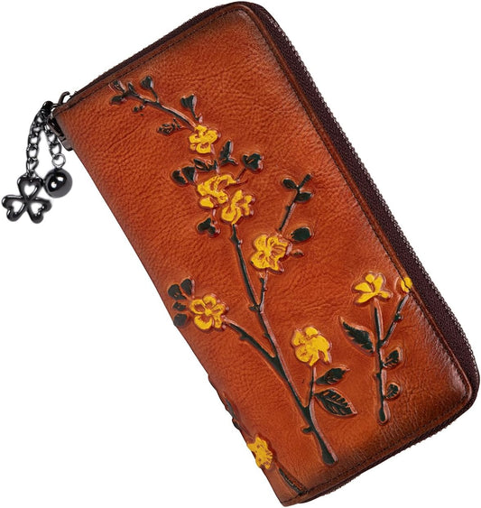 HOTWallet Genuine Leather for Women - with RFID Blocking Card checkbook ID Slot Large Capacity Vintage style (flower brown)
