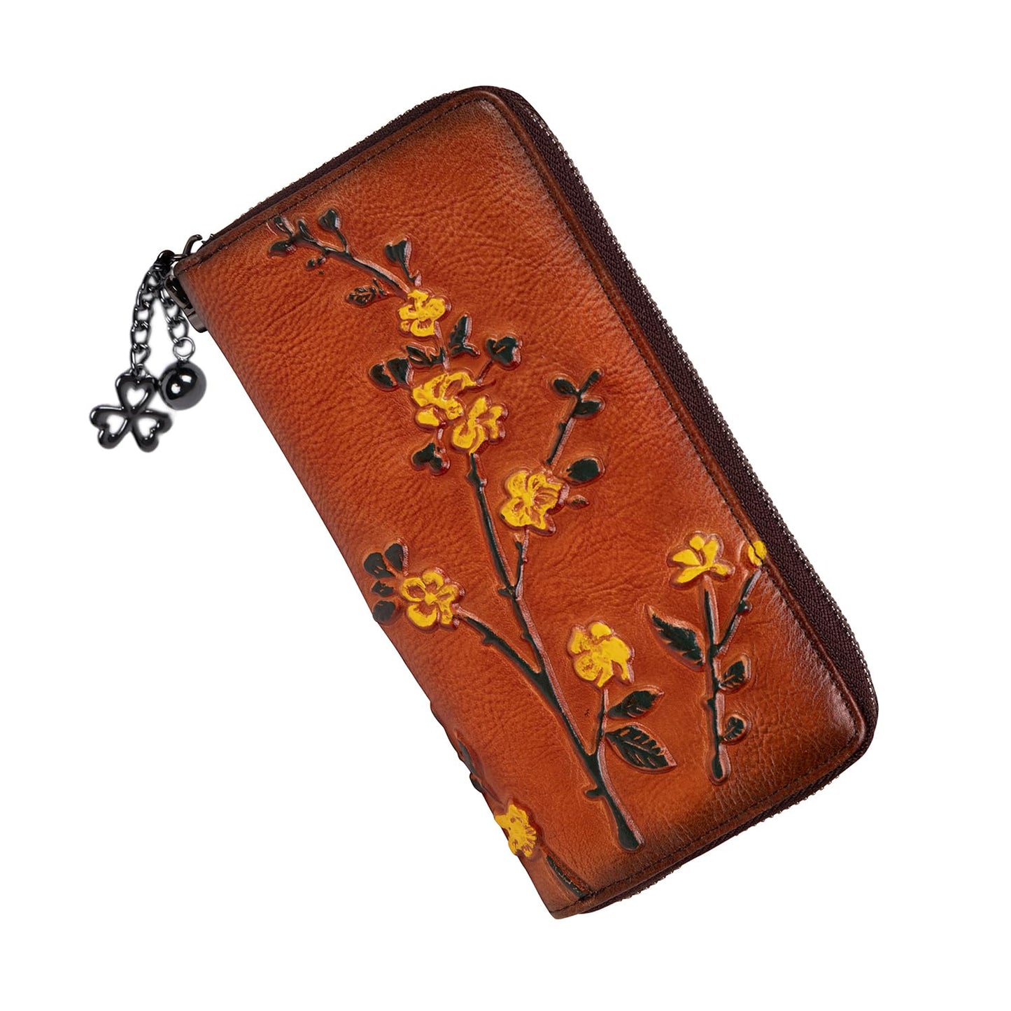 HOTWallet Genuine Leather for Women - with RFID Blocking Card checkbook ID Slot Large Capacity Vintage style (flower brown)