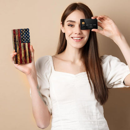 HOTLeather Checkbook Cover for Men Women Personal Checkbook Holder RFID Blocking Check Book Holder Cover for Duplicate Checks,with A Pen,American Flag Wood
