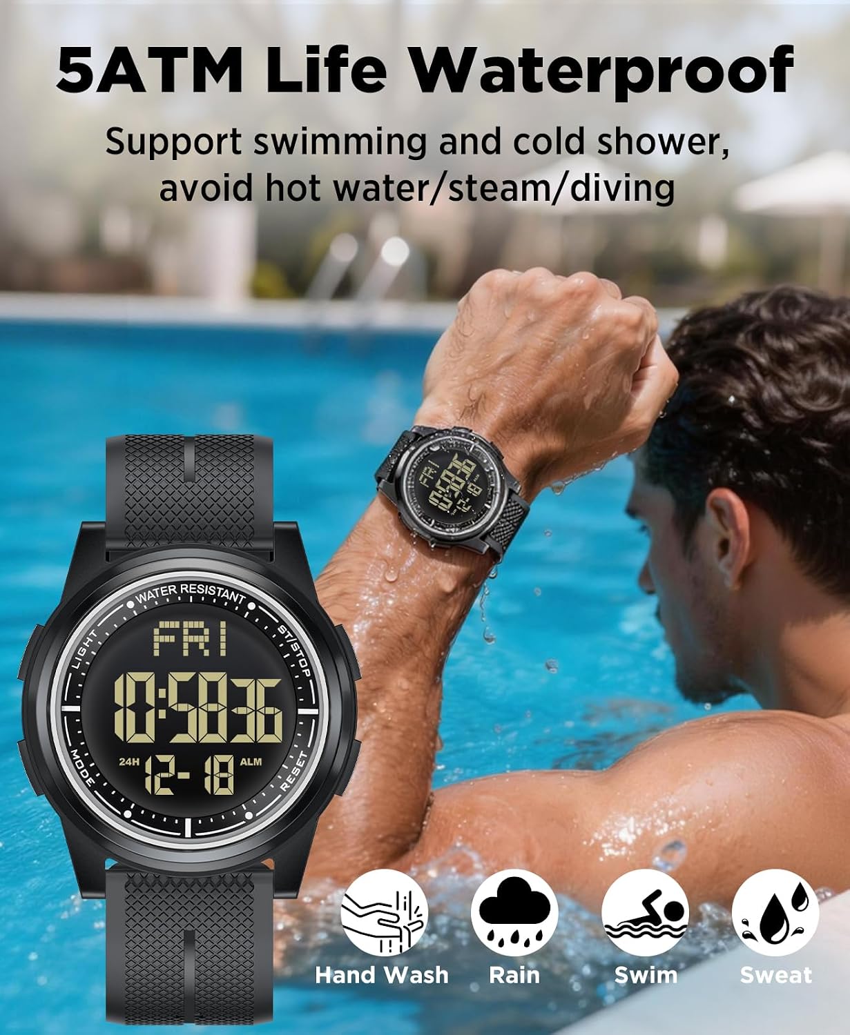 HOTBeeasy Digital Watch for Men Women, 50M Waterproof, Ultra-Thin & Lightweight, 44mm Silicone Sports Watch with Alarm, Stopwatch, Countdown, Ideal for Gym, Running, School, Daily Wear