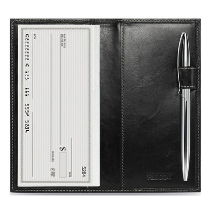 HOTHISCOW Leather Checkbook Cover for Duplicate Checks with Pen Holder | Full grain cowhide, personal check book & register pockets, removable vinyl divider, durable stitching, gifts for women men