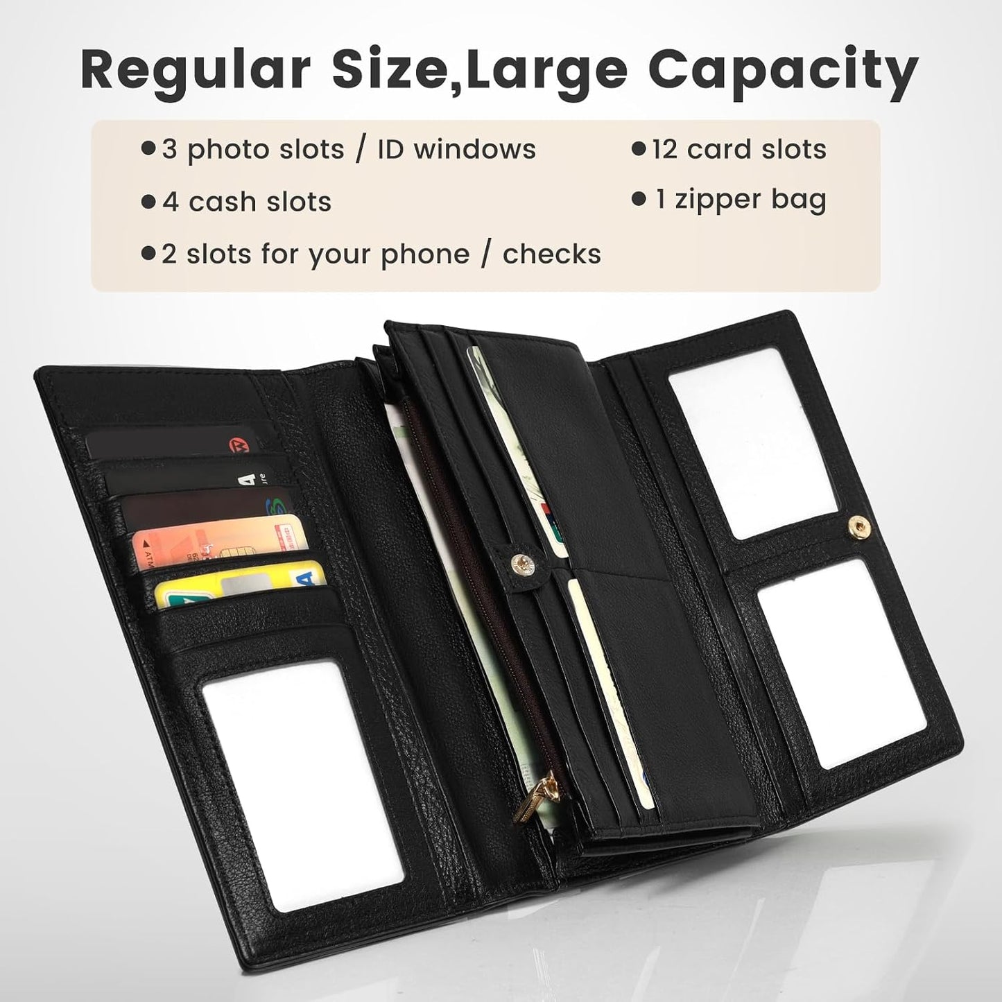 HOTProfessional RFID Blocking Wallet for Women - Genuine Leather Work Purse with Phone Pocket, Large Capacity Organizer for Credit Cards, ID, Cash & Office Essentials (Black)