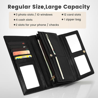 HOTProfessional RFID Blocking Wallet for Women - Genuine Leather Work Purse with Phone Pocket, Large Capacity Organizer for Credit Cards, ID, Cash & Office Essentials (Black)