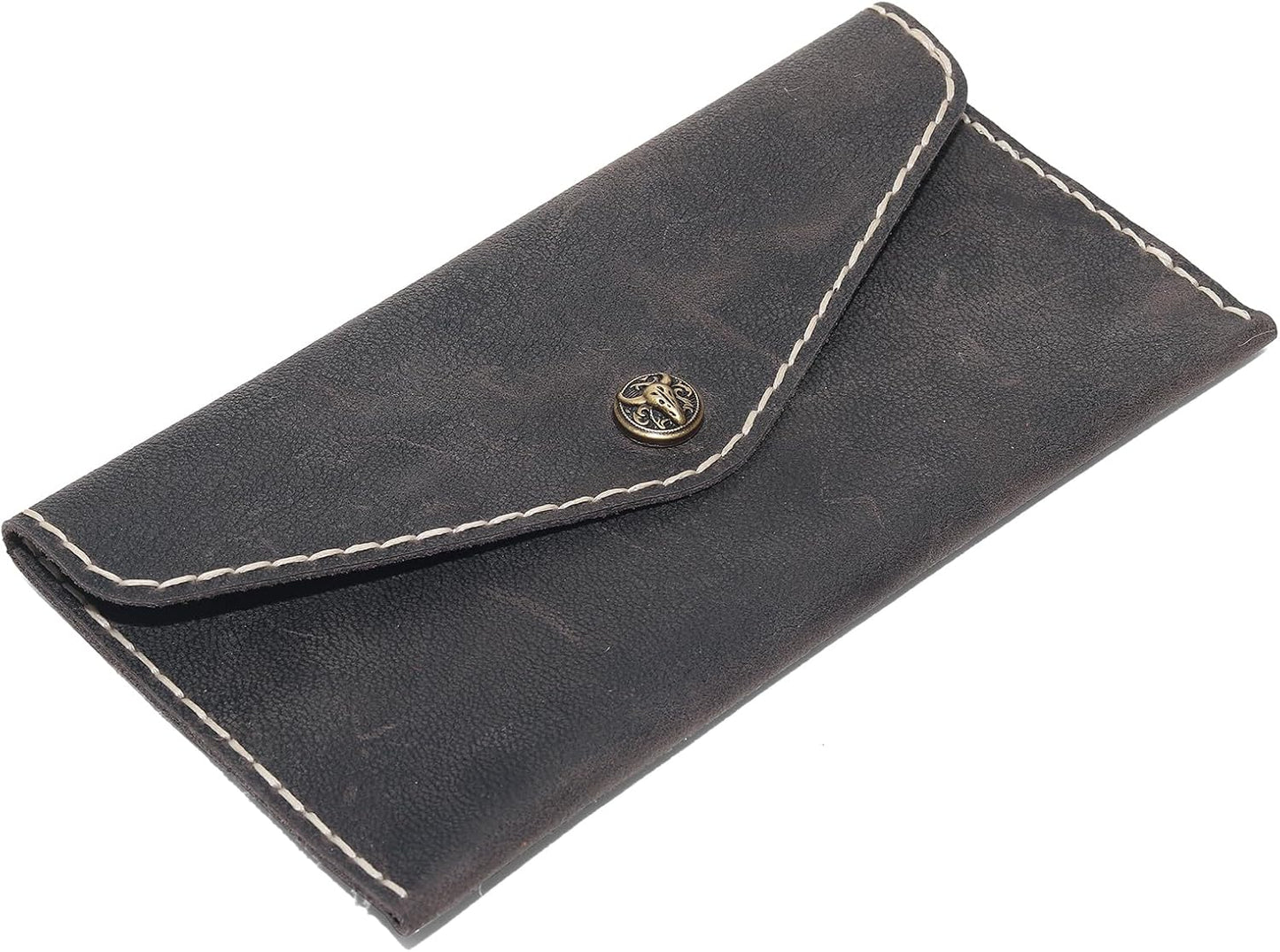 HOTHandcrafted Full-Grain Leather Envelope Wallet Artisan Stitching with Metal Snaps, Slim Card Holder & Cash Organizer (7.5x3.9in) (Black)