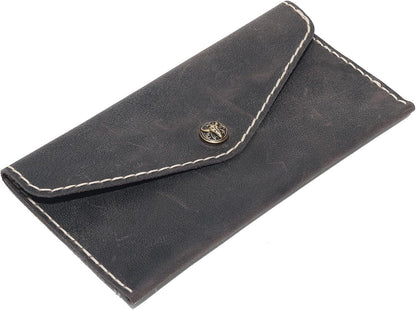 HOTHandcrafted Full-Grain Leather Envelope Wallet Artisan Stitching with Metal Snaps, Slim Card Holder & Cash Organizer (7.5x3.9in) (Black)