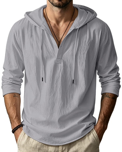 HOTMen's Cotton Linen Hoodies Casual Hooded Long Sleeve Button Down Shirts Lightweight Casual Hawaiian Beach Sweatshirts