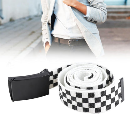HOTClassic Checkered Canvas Belt, 43" Adjustable Length, Black and White Grid Strap with Military Style Metal Buckle, Cut to Size Punk Rock Flip Top Casual Belt for Daily Fashion Outfit Decoration