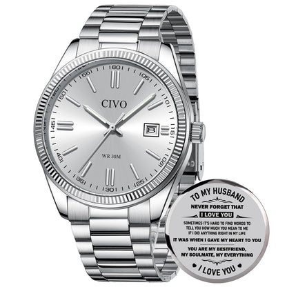 HOTCIVO Analog Mens Watches Silver: Wrist Watches with Date Easy to Read | Dress Stainless Steel Watch for Men, Gifts for Husband Father at Birthday Anniversary