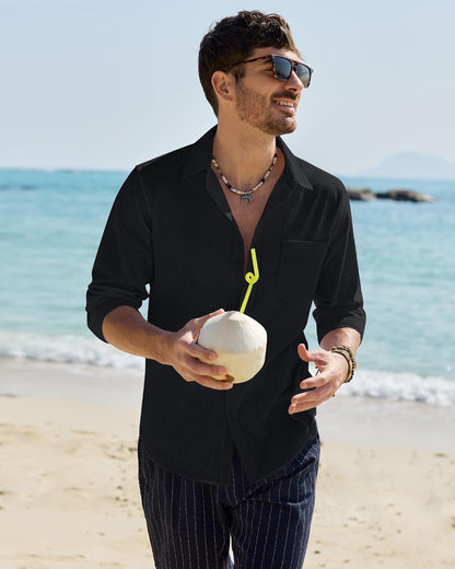 HOTAlimens & Gentle Mens Cotton Linen Textured Shirt Long Sleeve Button Down Shirts Casual Summer Beach Wedding Tops with Pocket