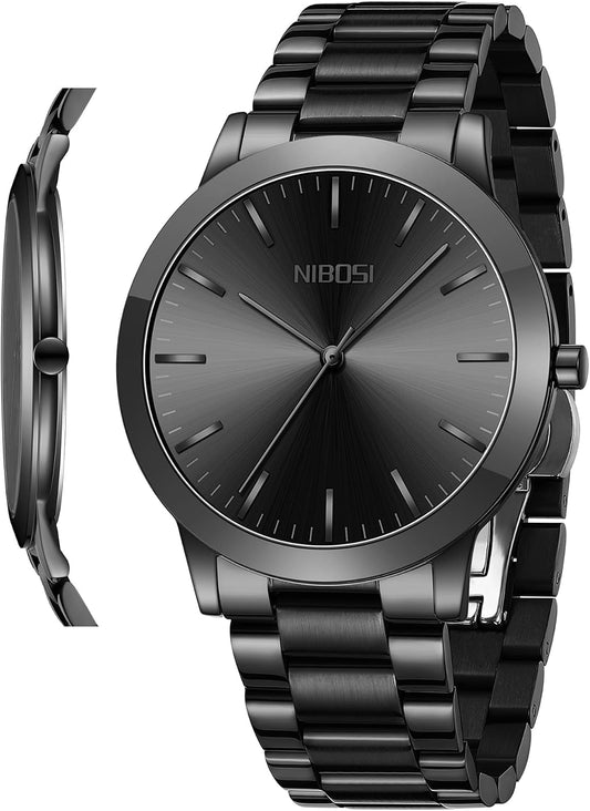 HOTNIBOSI Men Watches Analog Quartz Stainless Steel Black Watches for Men Waterproof Business Classic Watch Fashion Minimalist Ultra Thin Wrist Watch for Work and Casual Wear