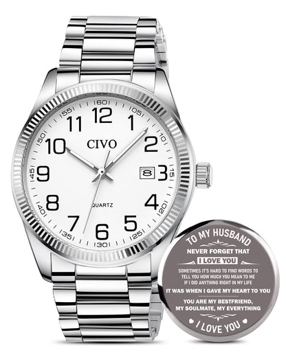 HOTCIVO Silver Analog Watches for Men: Stainless Steel Dress Wrist Watch Date | Classic, Easy to Read Large Numbers, Waterproof for Work, Formal, Gifts for Husband, Son, Father, Birthday, Anniversary