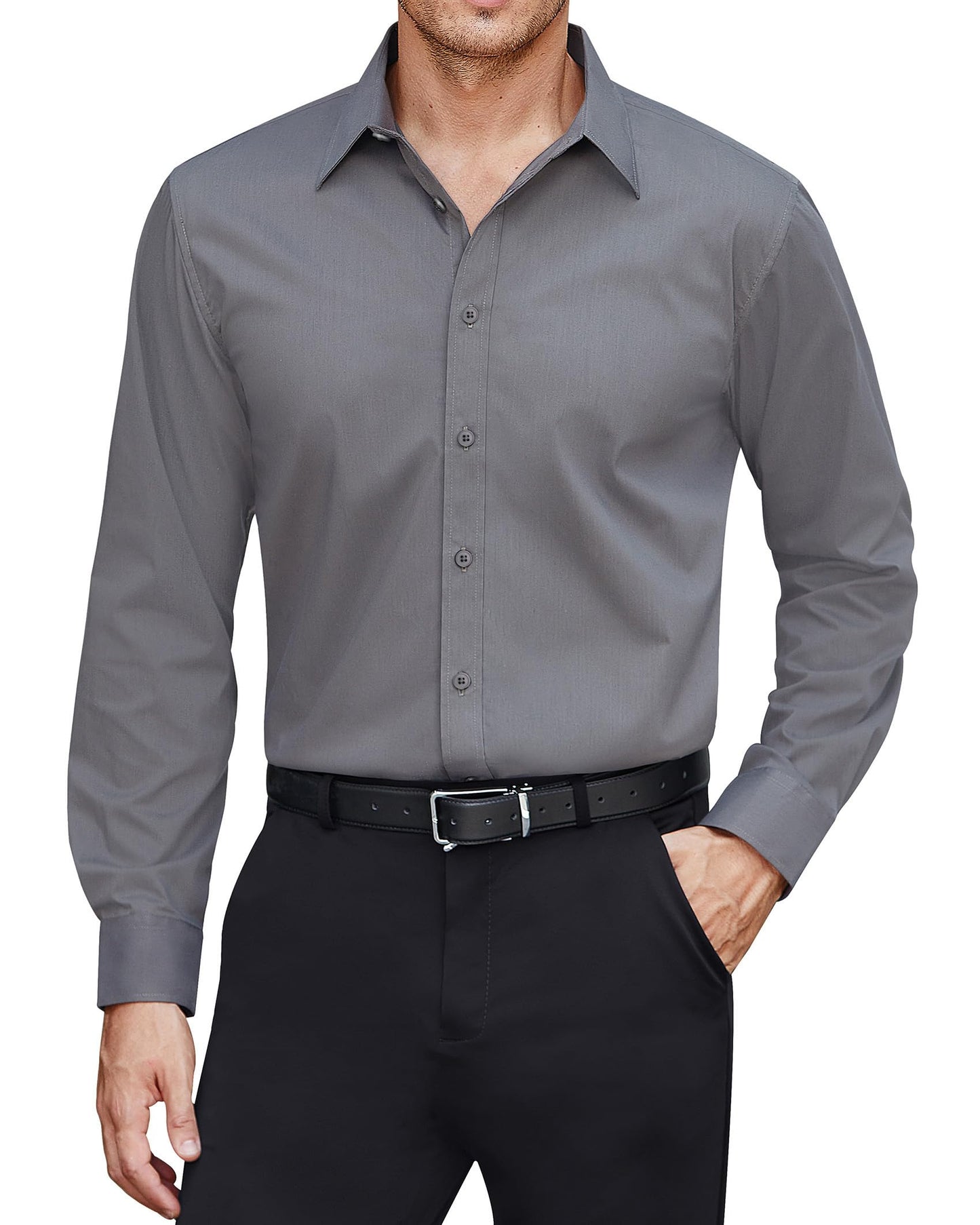 HOTJ.VER Men's Dress Shirts Stretch Stain Shield Long Sleeve Solid Formal Shirt Business Casual Button Down Shirts
