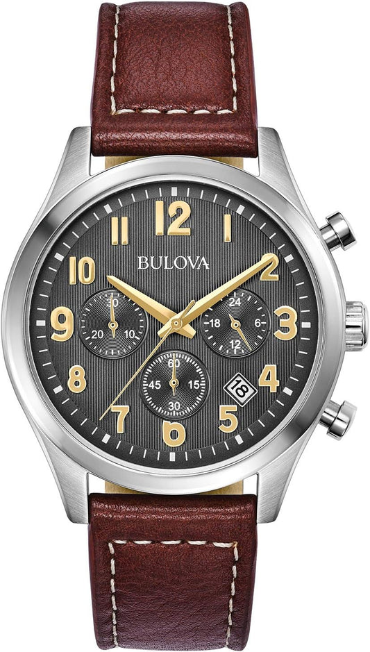 HOTBulova Men's Classic Stainless Steel 6-Hand Chronograph Quartz Leather Strap Watch with Grey Dial, Gold Accents, Arabic Markers, 41mm