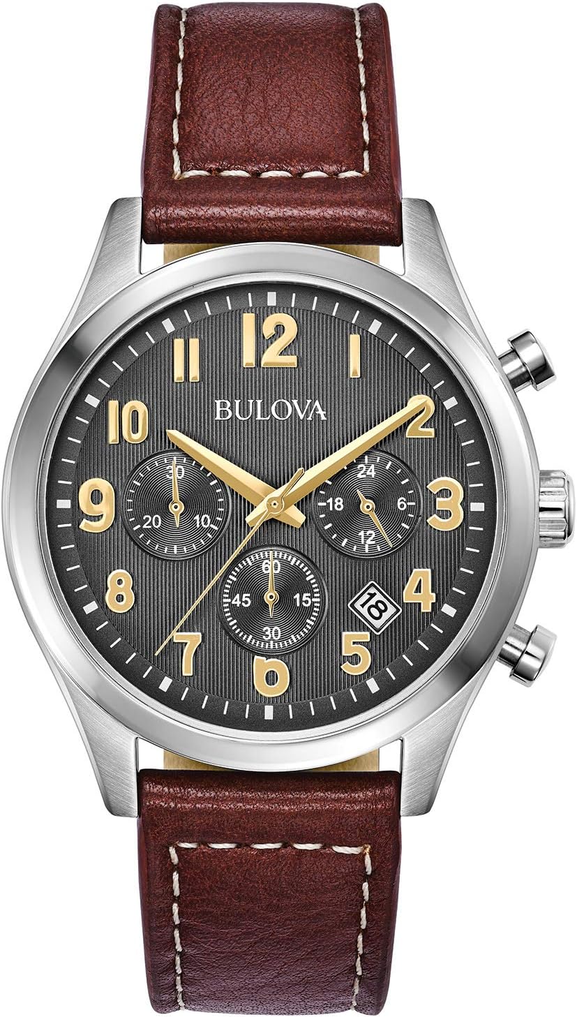HOTBulova Men's Classic Stainless Steel 6-Hand Chronograph Quartz Leather Strap Watch with Grey Dial, Gold Accents, Arabic Markers, 41mm