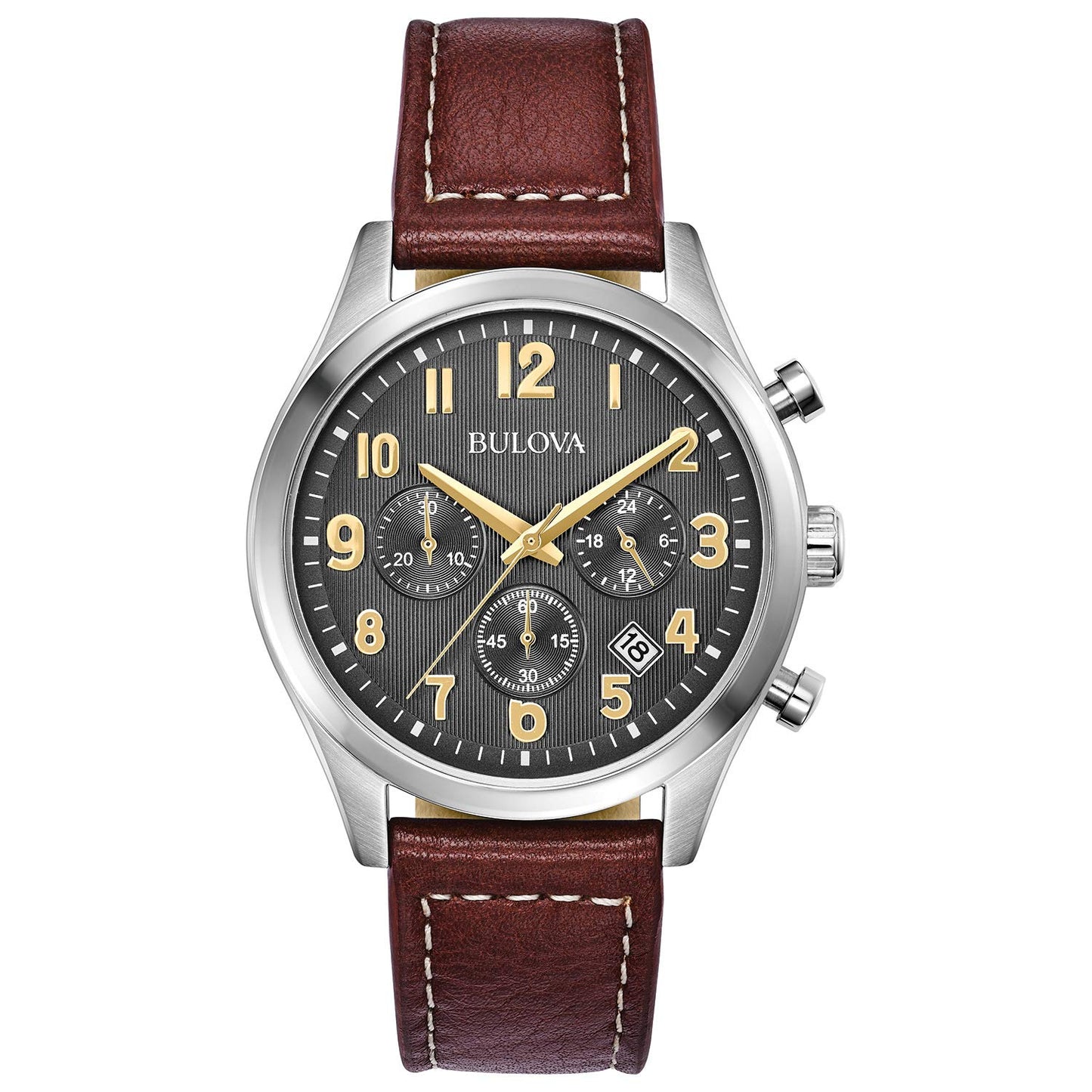 HOTBulova Men's Classic Stainless Steel 6-Hand Chronograph Quartz Leather Strap Watch with Grey Dial, Gold Accents, Arabic Markers, 41mm