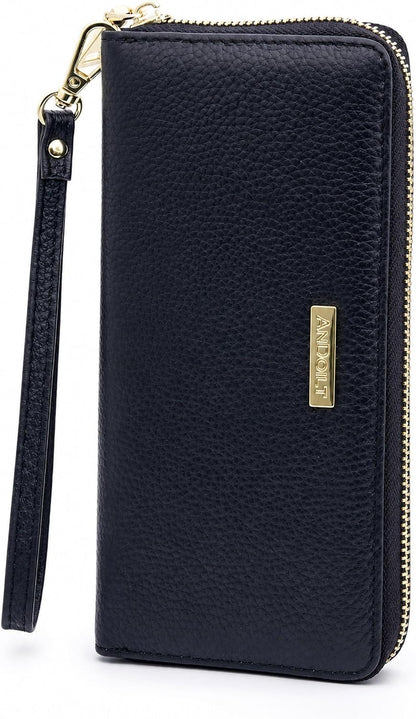 HOTANDOILT Womens RFID Blocking Genuine Leather Zip Around Wallets Large Cell Phone Holder Clutch Travel Purse Wristlet (Black)