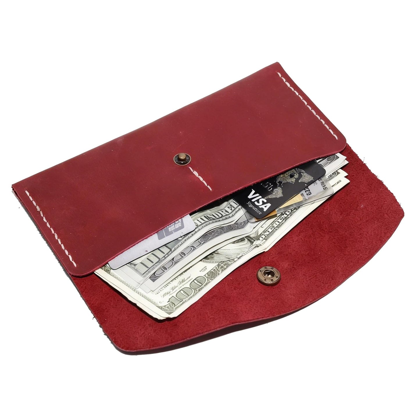 HOTHandmade Crazy Horse Genuine Leather Envelope Wallet, Card Holder with 2 Card Slots Vintage Slim Hand-Stitched Wallet