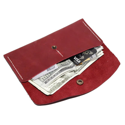 HOTHandmade Crazy Horse Genuine Leather Envelope Wallet, Card Holder with 2 Card Slots Vintage Slim Hand-Stitched Wallet