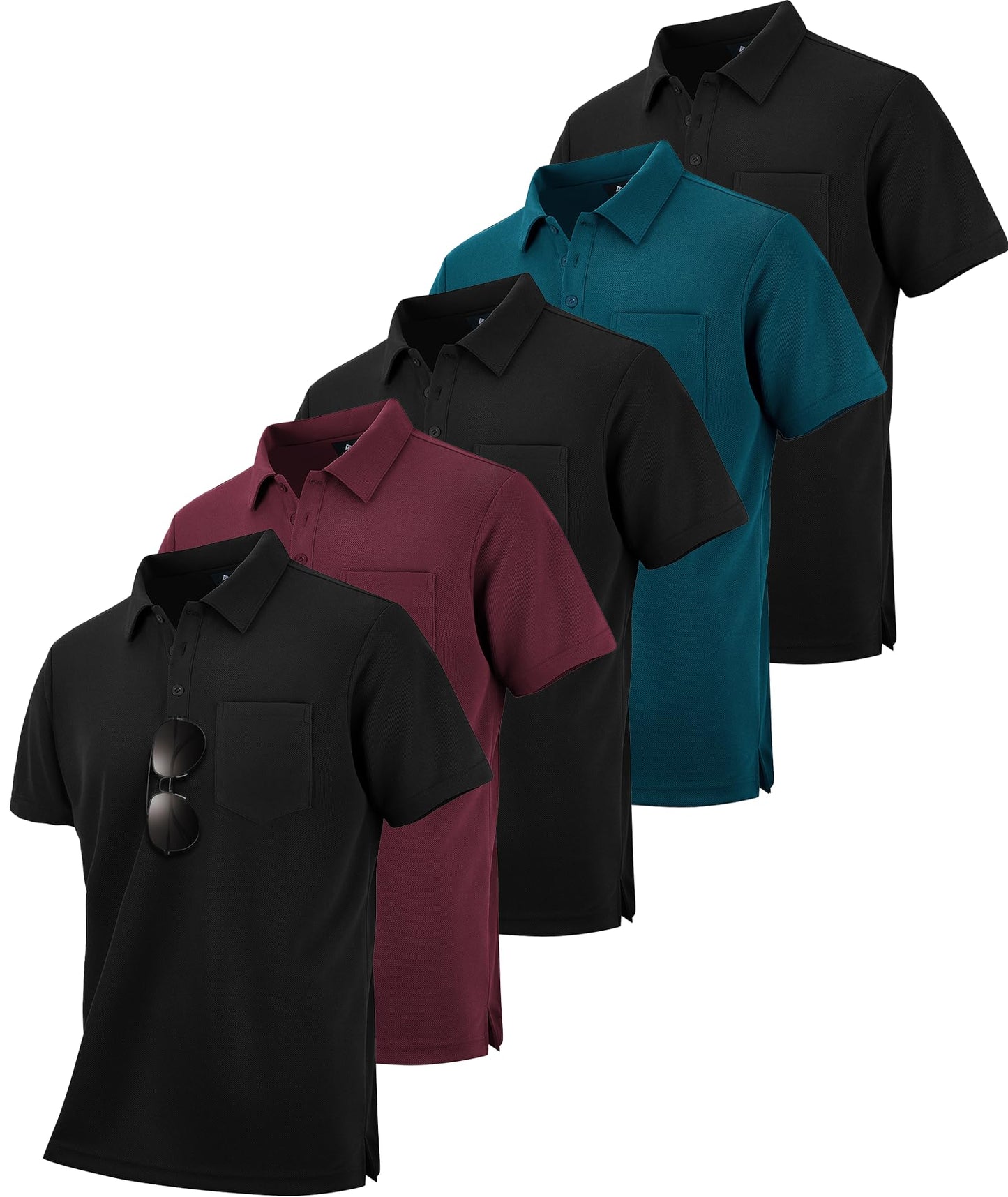 HOTSCODI 5 Pack Mens Pocket Polo Shirts Short Sleeve Multipack Golf Shirt for Men Moisture Wicking Casual Athletic Work T-Shirts
