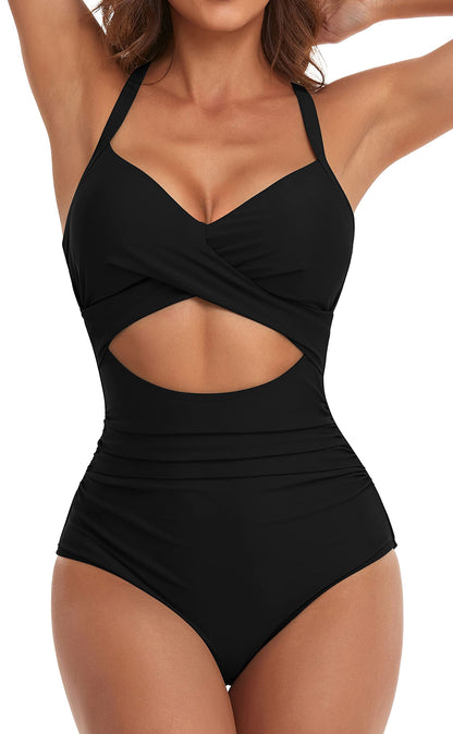 HOTEomenie Women's Tummy Control One Piece Swimsuit Cutout Bathing Suit | High Waisted,Tie Back,Wrap Front,Adjustable Straps,Soft Removable Cups,Slimming,Monokini for Beach Vacation,Pool Side