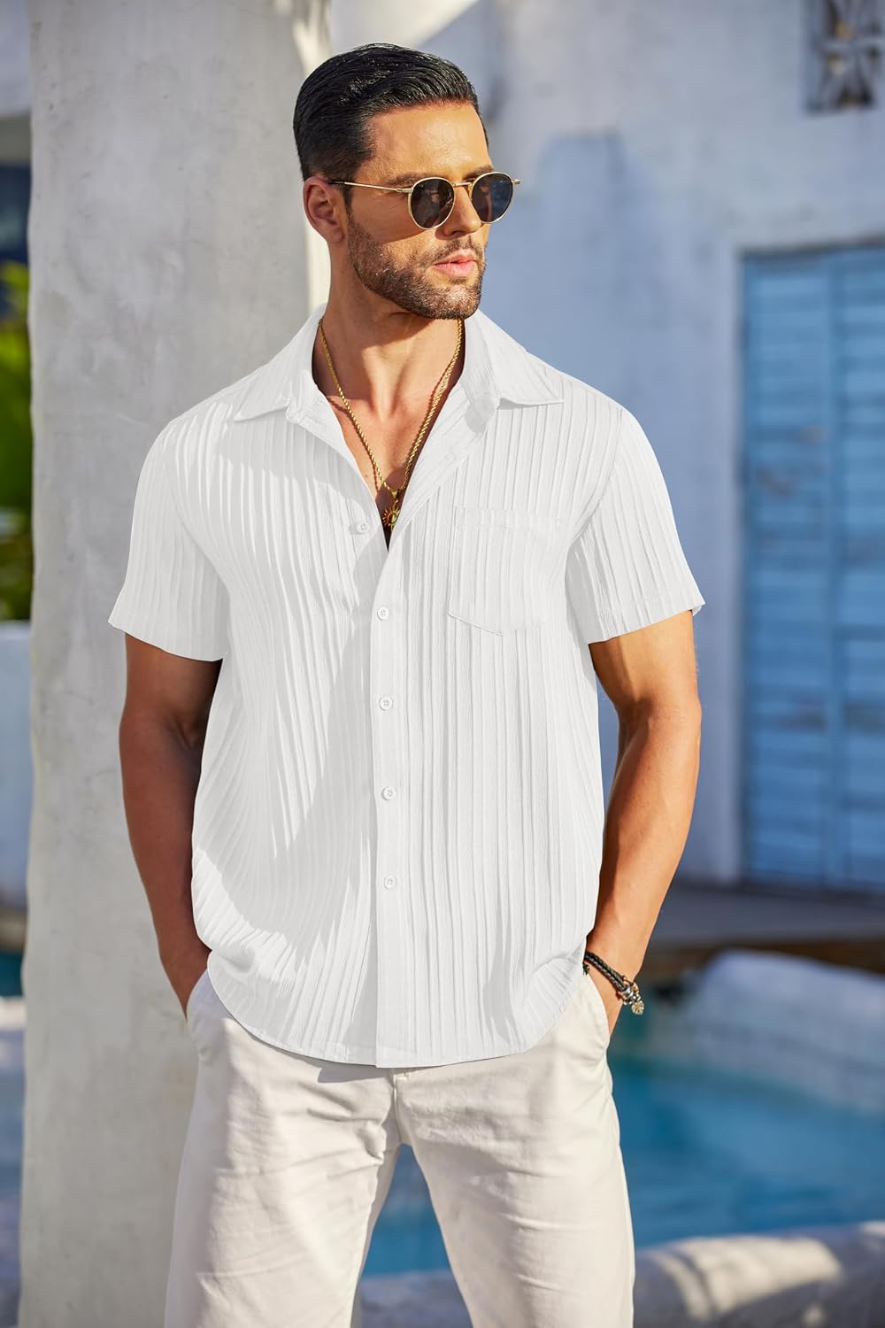 HOTCOOFANDY Men's Casual Button Down Shirts Short Sleeve Textured Summer Beach Shirt with Pocket