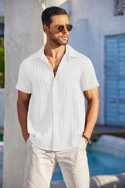 HOTCOOFANDY Men's Casual Button Down Shirts Short Sleeve Textured Summer Beach Shirt with Pocket