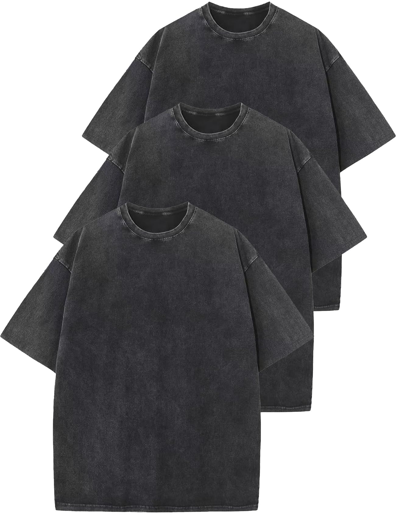 HOTFlygo 3 Pack Men Oversized T Shirts Acid Washed Unisex Tee Loose Fit Short Sleeve Casual Streetwear Baggy Basic Tops