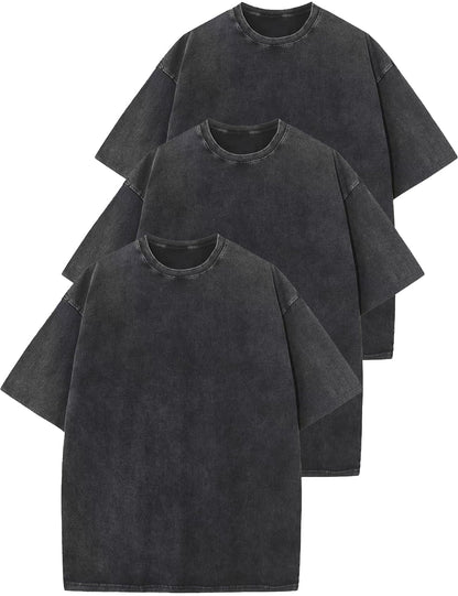HOTFlygo 3 Pack Men Oversized T Shirts Acid Washed Unisex Tee Loose Fit Short Sleeve Casual Streetwear Baggy Basic Tops