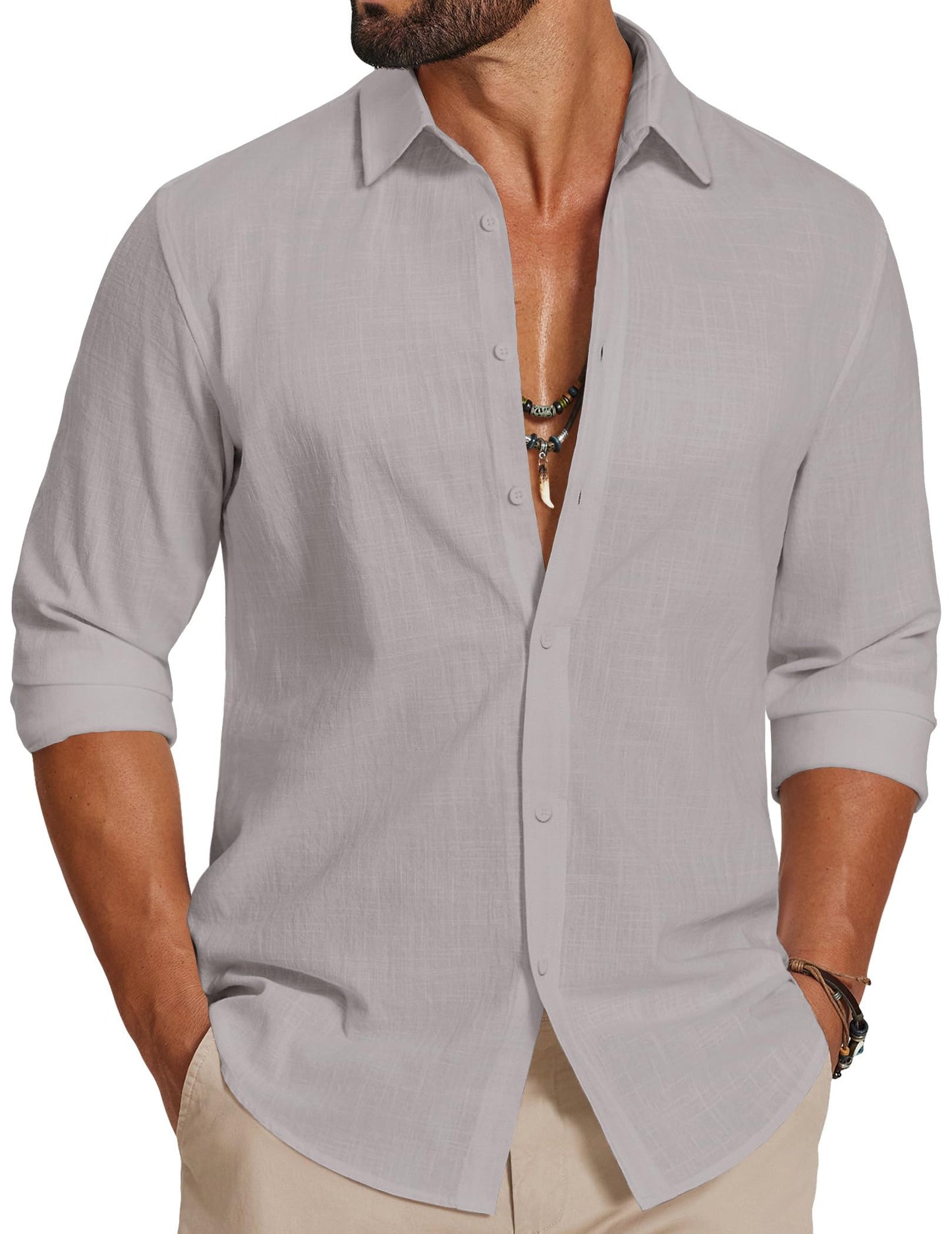 HOTCOOFANDY Men's Casual Button Down Shirts Long Sleeve Cotton Beach Wedding Shirt Summer Linen Shirt for Men