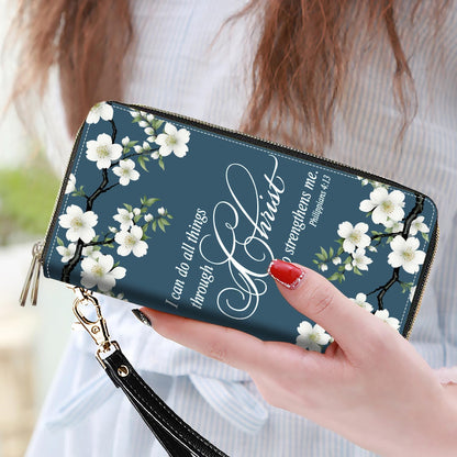 HOTWomen's Large Capacity Wallet PU Leather Double Zipper Clutch Purse Multifunctional Wallet with Removable Wristlet Strap for Smart Phone/Coin/Card/Cash, Floral Quotes Bible Verse Philippians 4-13