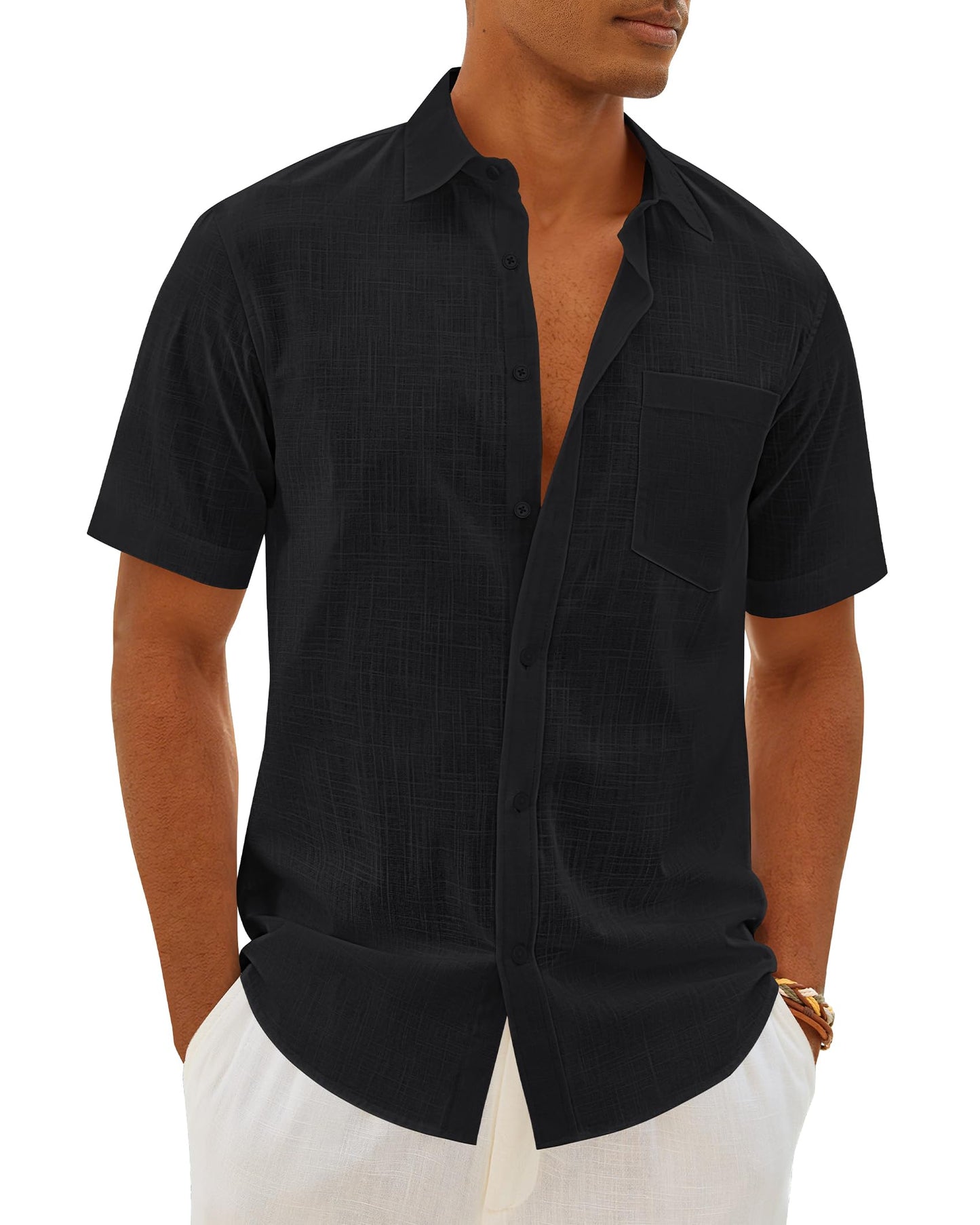 HOTMens Linen Textured Shirt Cotton Short Sleeve Summer Button Down Shirts | 100% Cotton, Linen-look Texture, Casual Wear, Breathable Feel, Lightweight, Untucked, Regular Fit, Beach, Vacation, Resort