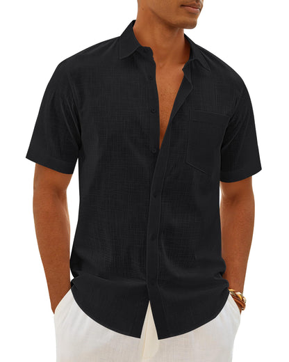 HOTMens Linen Textured Shirt Cotton Short Sleeve Summer Button Down Shirts | 100% Cotton, Linen-look Texture, Casual Wear, Breathable Feel, Lightweight, Untucked, Regular Fit, Beach, Vacation, Resort