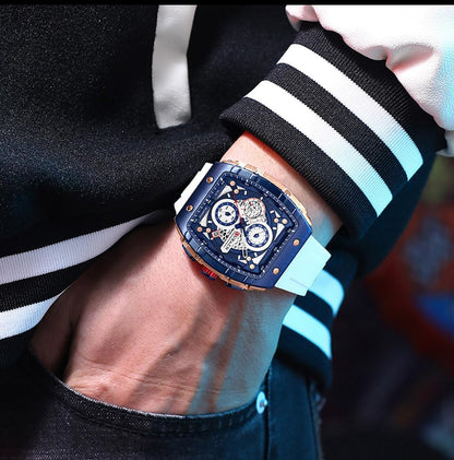 HOTPASOY Men's Chronograph Watch, Big Face, Tonneau Case, Rubber Strap | 47mm analog quartz watch, working chronograph with 1/10-second, second and minute subdials, date, stainless steel case