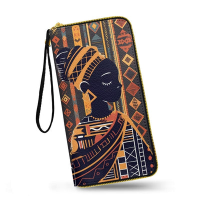 HOTHawaii Totem Flowers PU Leather Ladies Wallet Wristlet, Tropical Hawaiian Tiki Art Zip Around Wallets for Women, Brown Large Capacity Card Holder Organizer