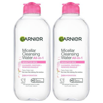 HOTGarnier Micellar Water, Hydrating Facial Cleanser & Makeup Remover, Suitable for Sensitive Skin, Vegan, Cruelty Free, 13.5 Fl Oz (400mL), 2 Count